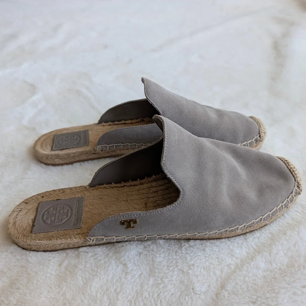 Tory Burch Gray Suede Espadrille Mules Slip On Flats Logo Gray Women Size 9